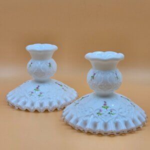 Fenton Silver Crest Spanish Lace Milk Glass Candlestick Hand Painted J Stevens